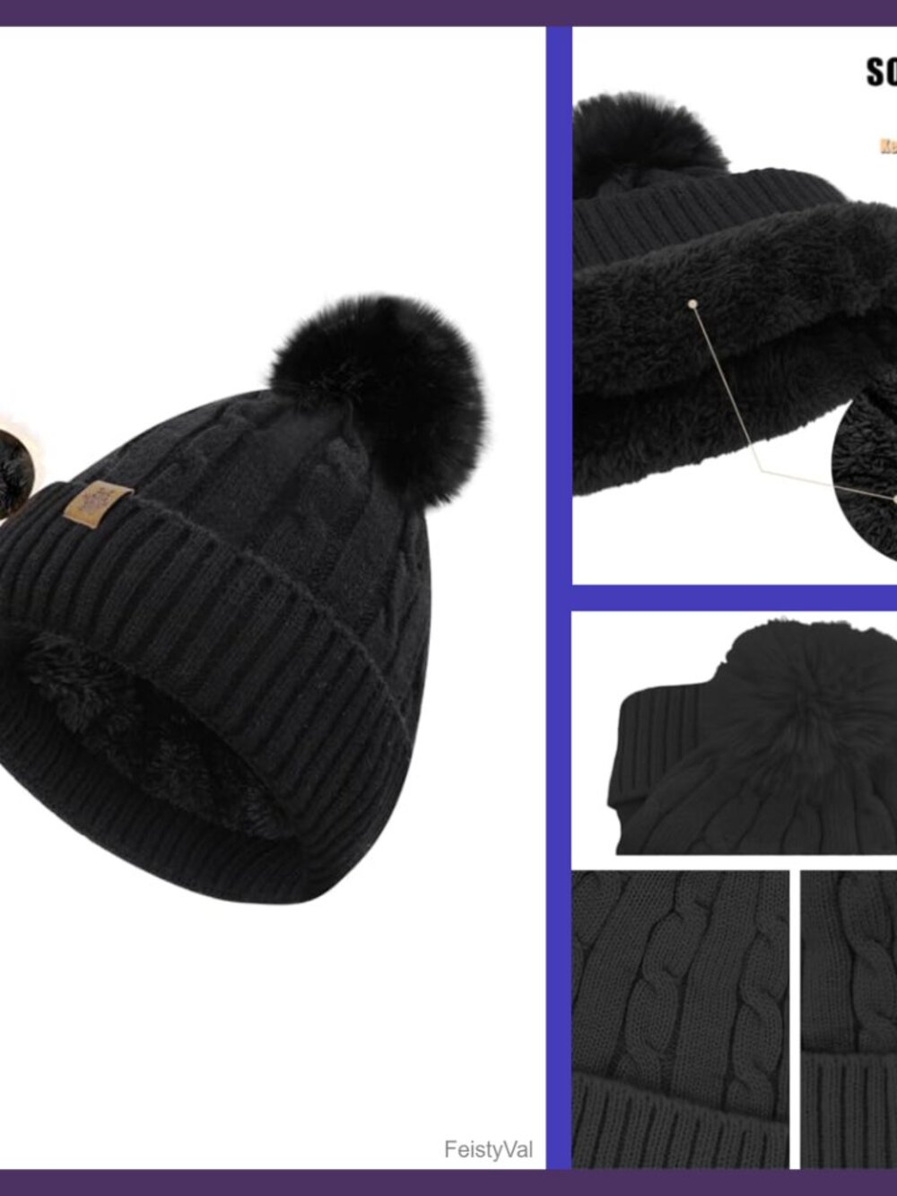 Wool Cable Knit Beanie Pom Pom Thermal Fleece Lined Winter Hat